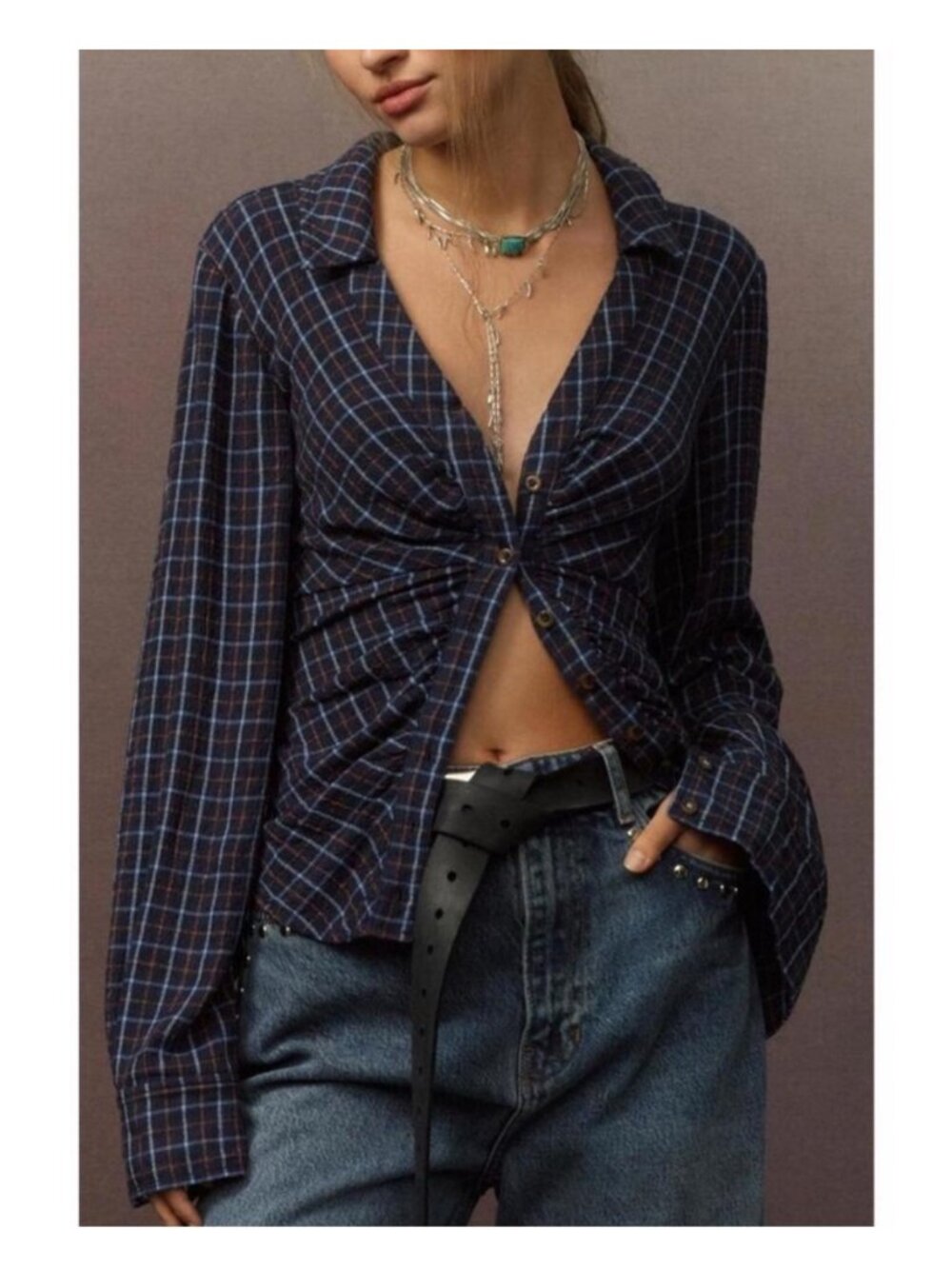Anthropologie Pilcro Plaid Ruched Shirt Size S Long Sleeve Preppy Cowgirl Boho